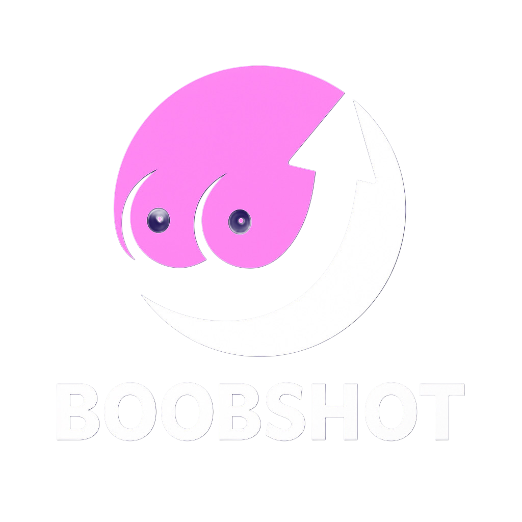 Boobshot logo - a cartoon boob icon with playful pink and cyan neon colors
